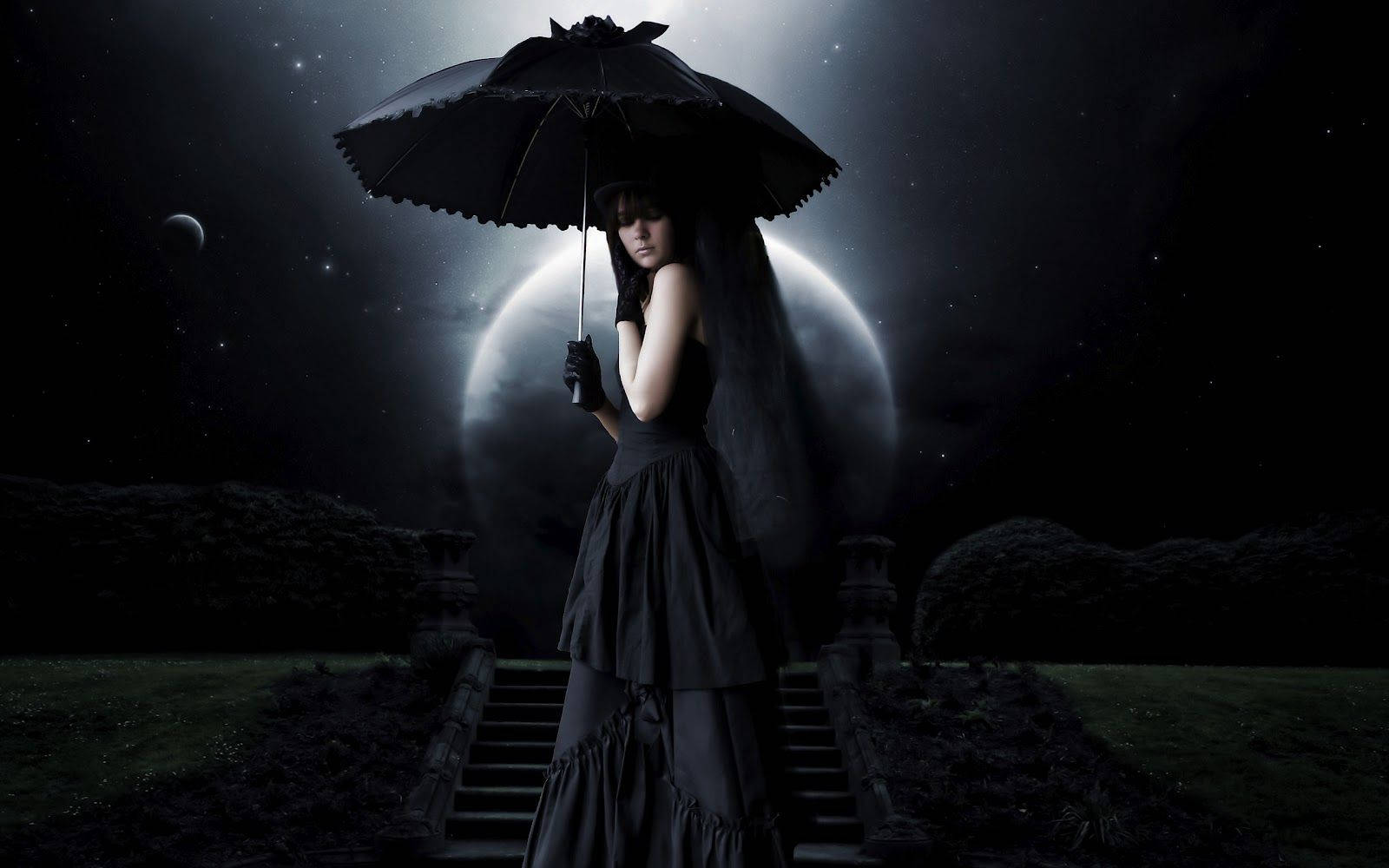 Dark Girl Against Full Moon Background
