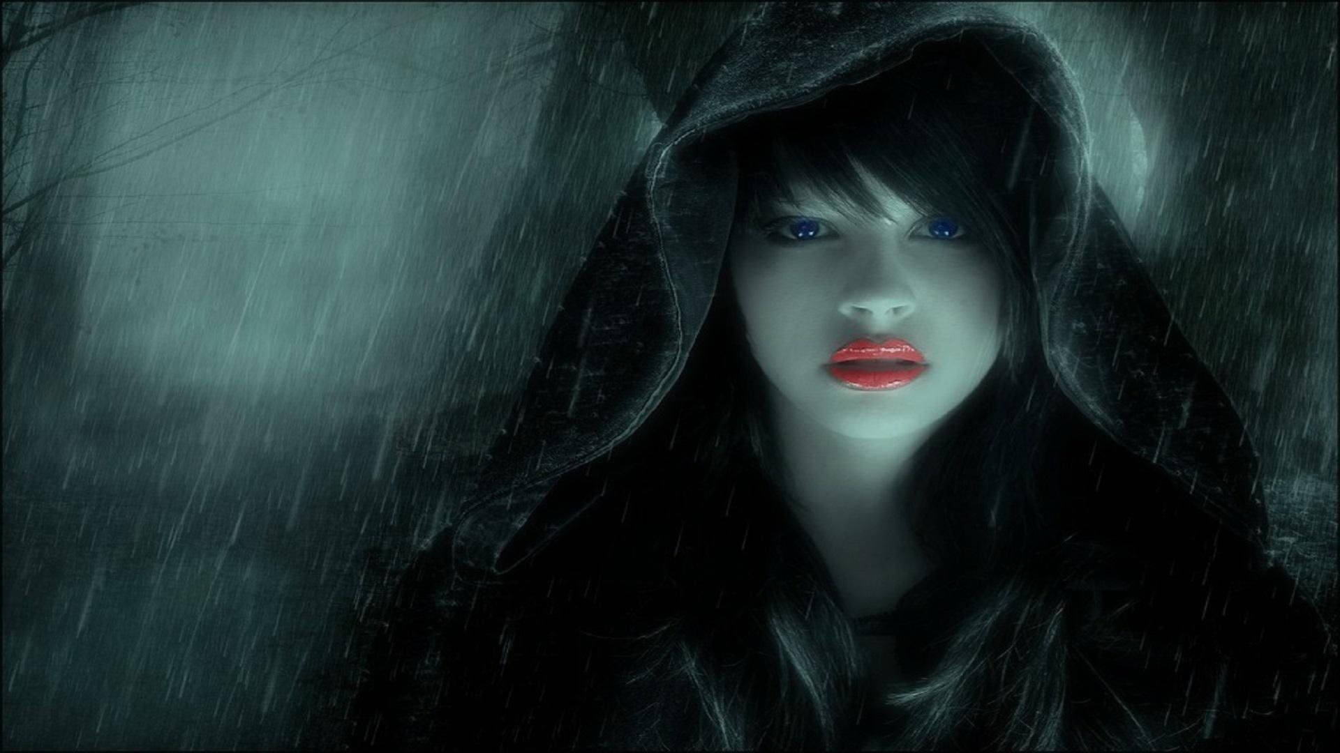 Dark Girl In Rainy Forest Background
