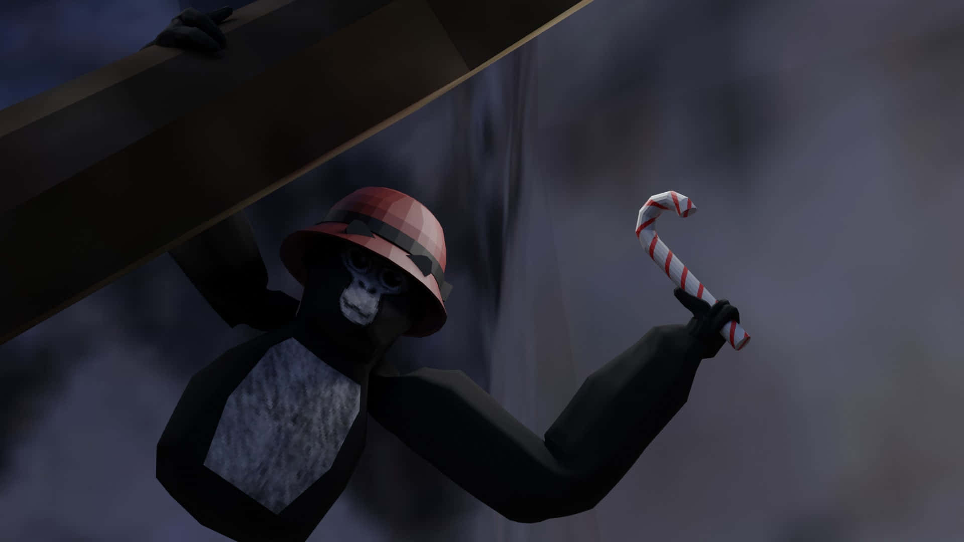Dark Gorilla Tag Holding A Candy Cane Background