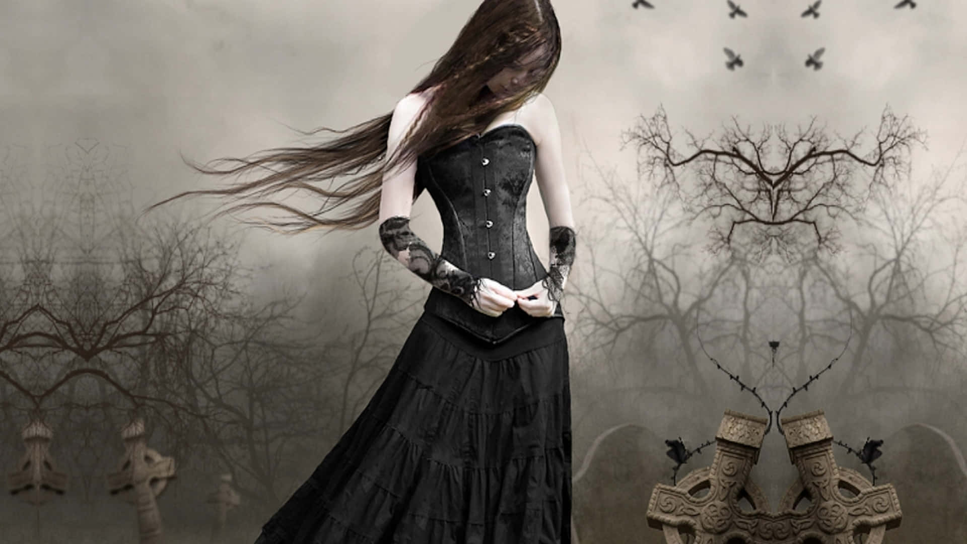 Dark Gothic Atmosphere In A Mysterious Forest Background