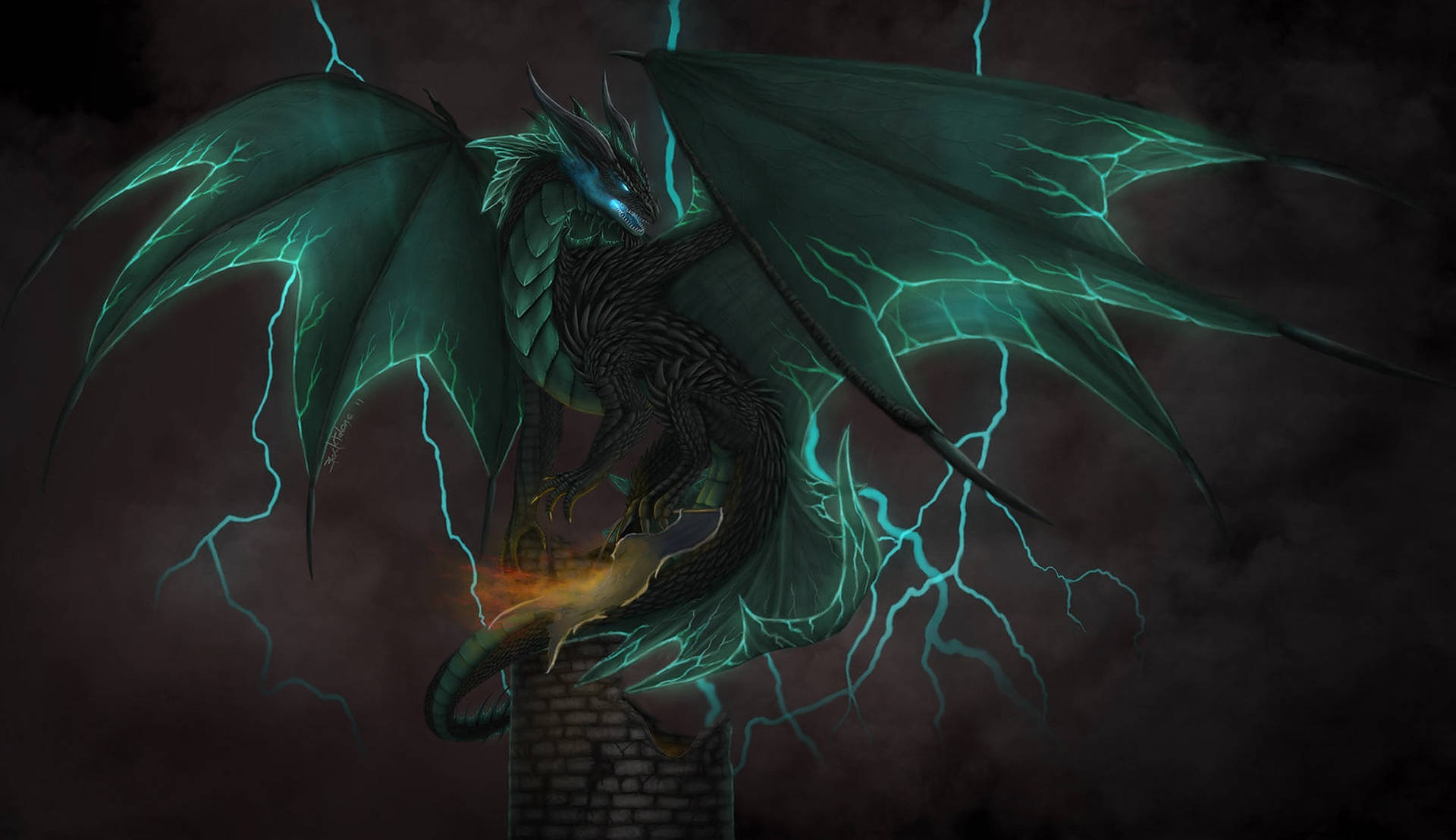 Dark Green Lightning Dragon Background