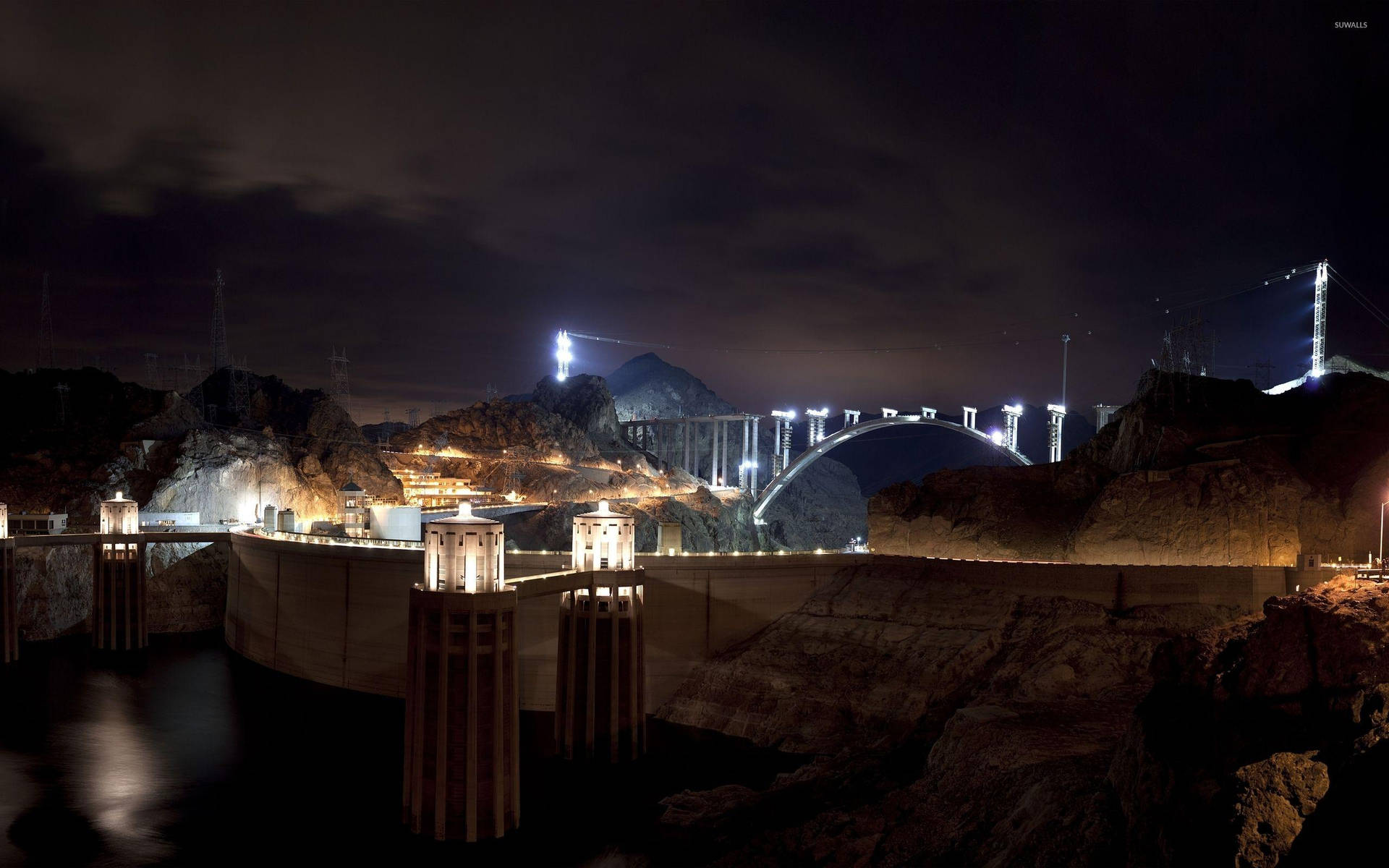 Dark Hoover Dam At Night Background