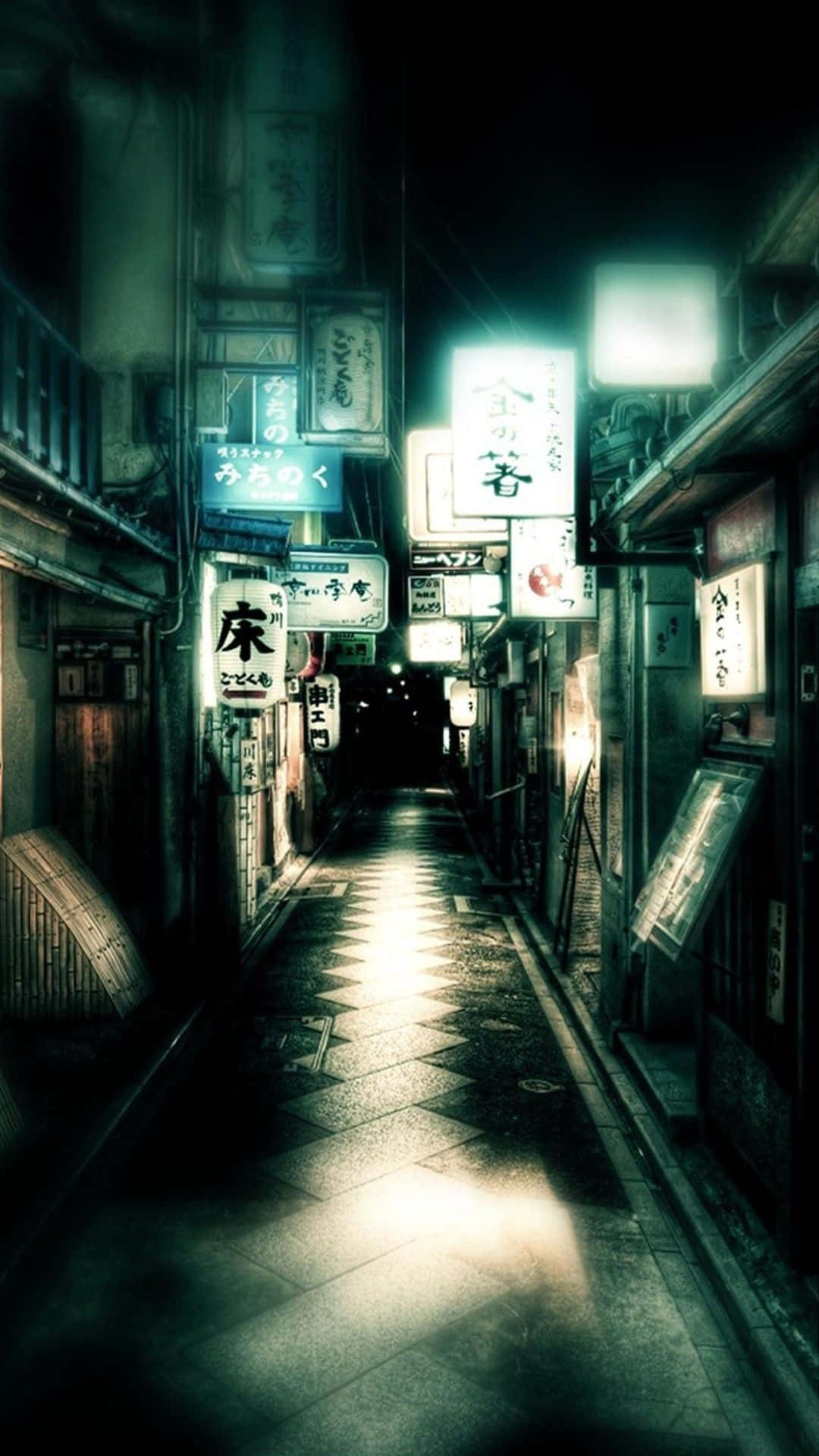 Dark Japanese Night Life With Street Lights Background