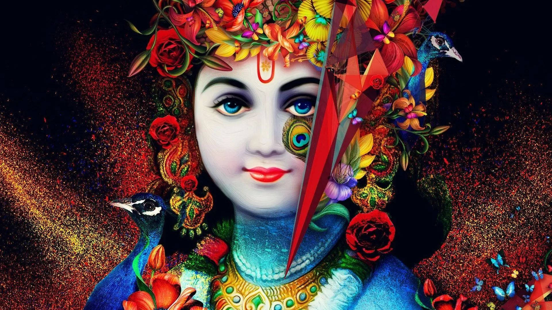 Dark Krishna With Flower Crown Background