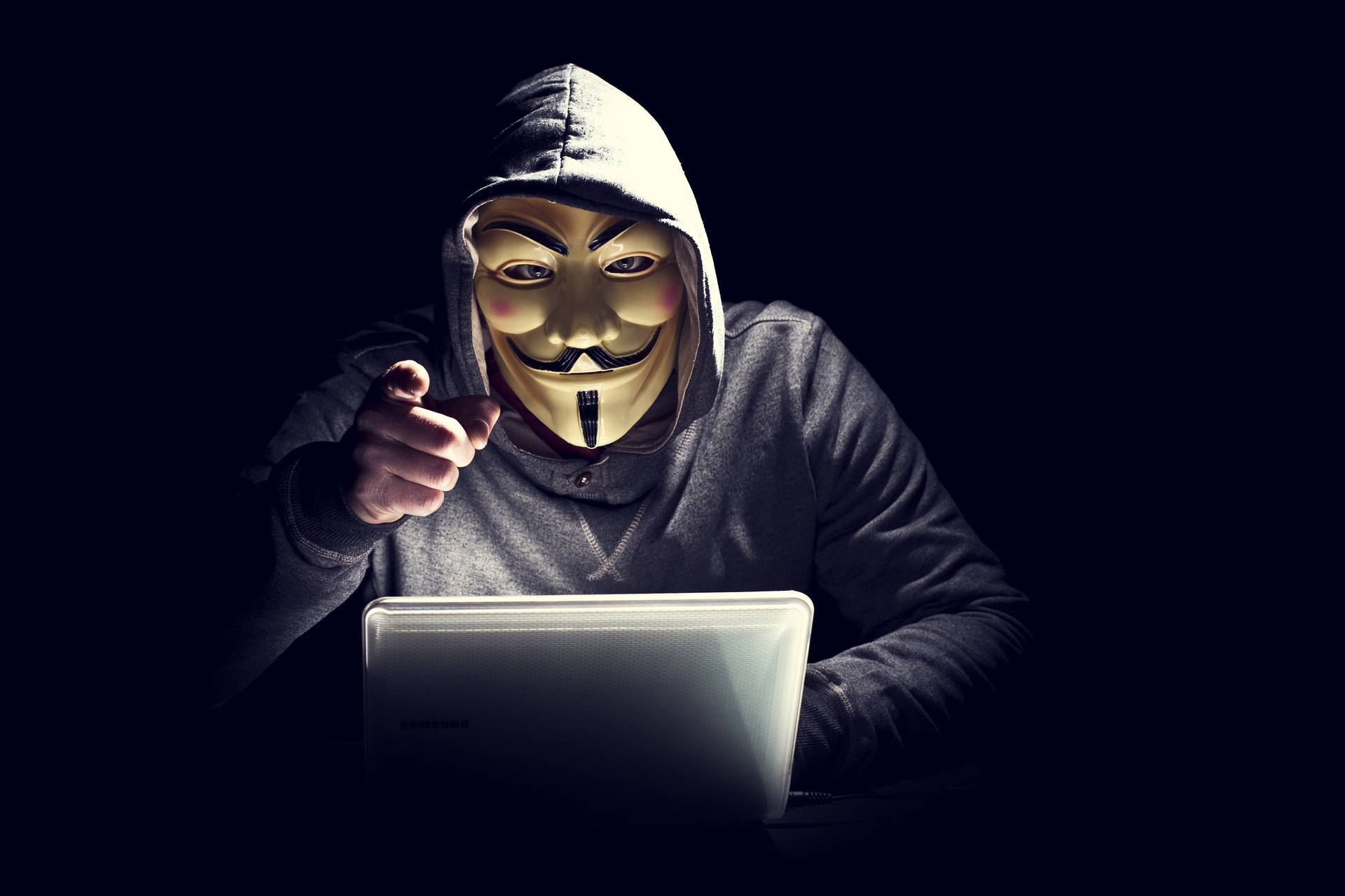 Dark Laptop Hacker Guy Fawkes Background