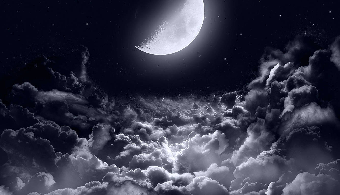 Dark Laptop Half Moon Shining In A Cloudy Sky Background