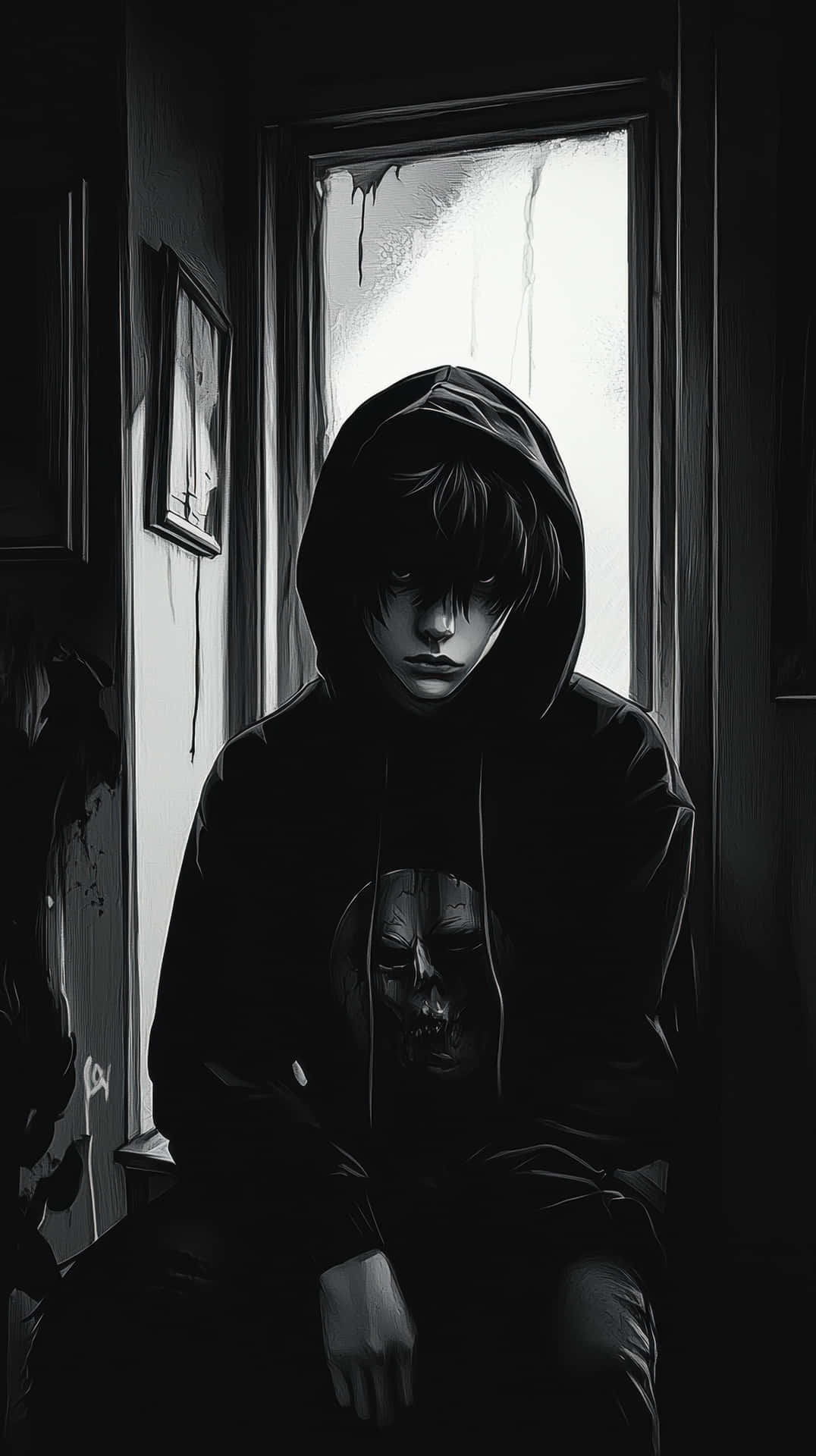Dark Moody Portrait Of A Hooded Figure Sitting By A Frosted Window In A Gloomy Room Background