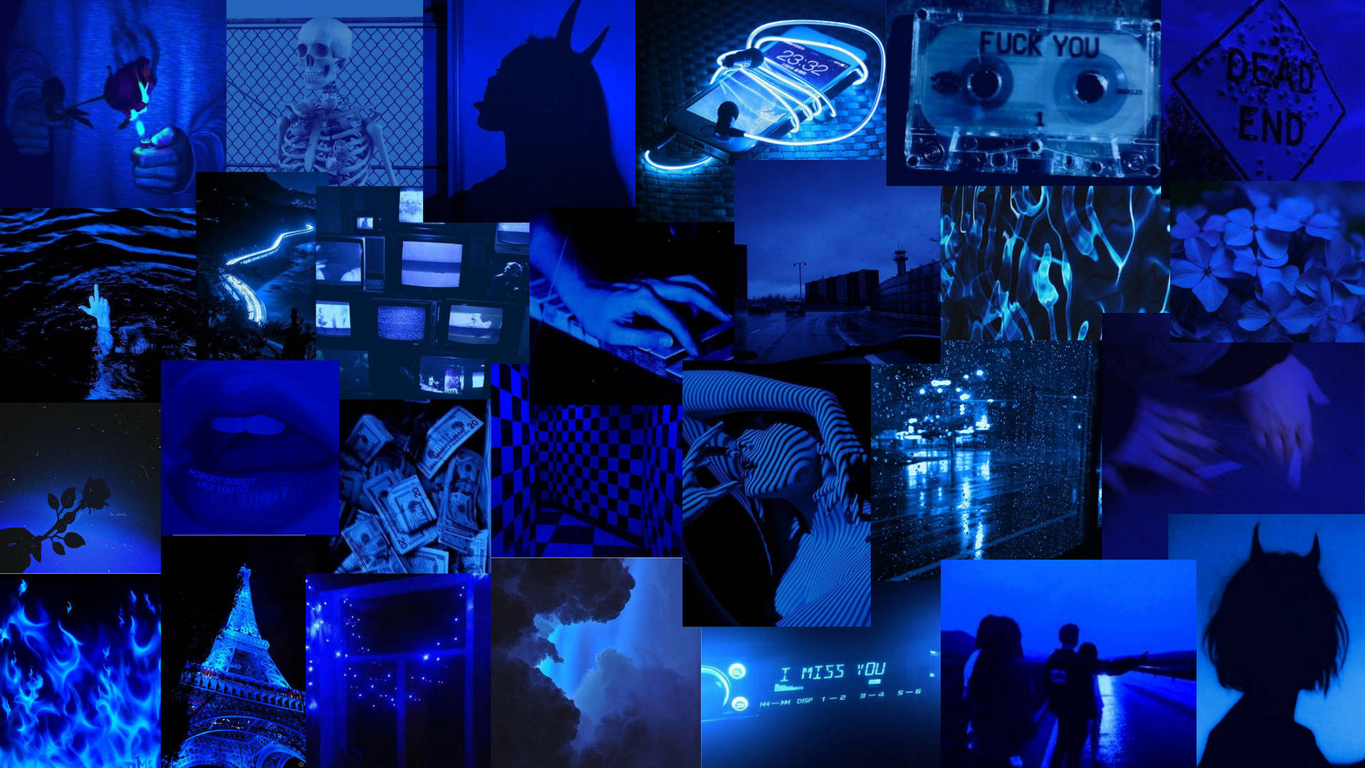 Dark Neon Blue Aesthetic Collage Laptop Background