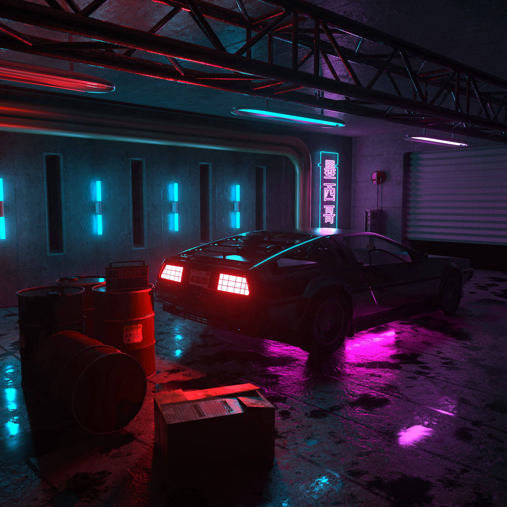 Dark Neon Car In A Garage Background
