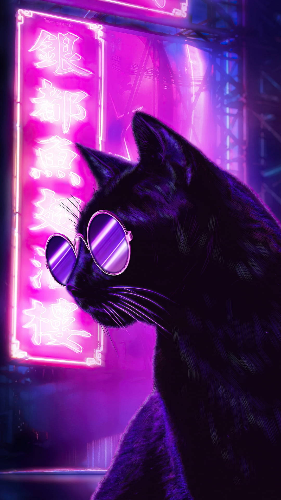 Dark Neon Cat With Glasses Background
