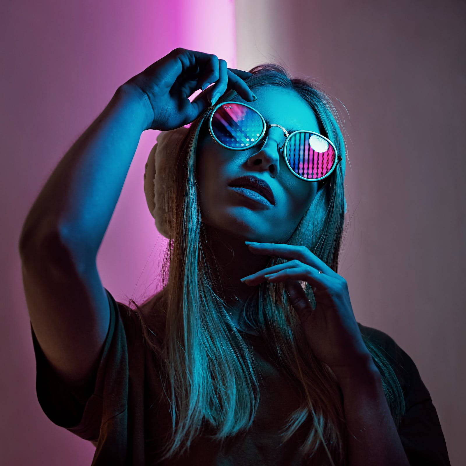 Dark Neon Iphone Woman Wearing Sunglasses Background