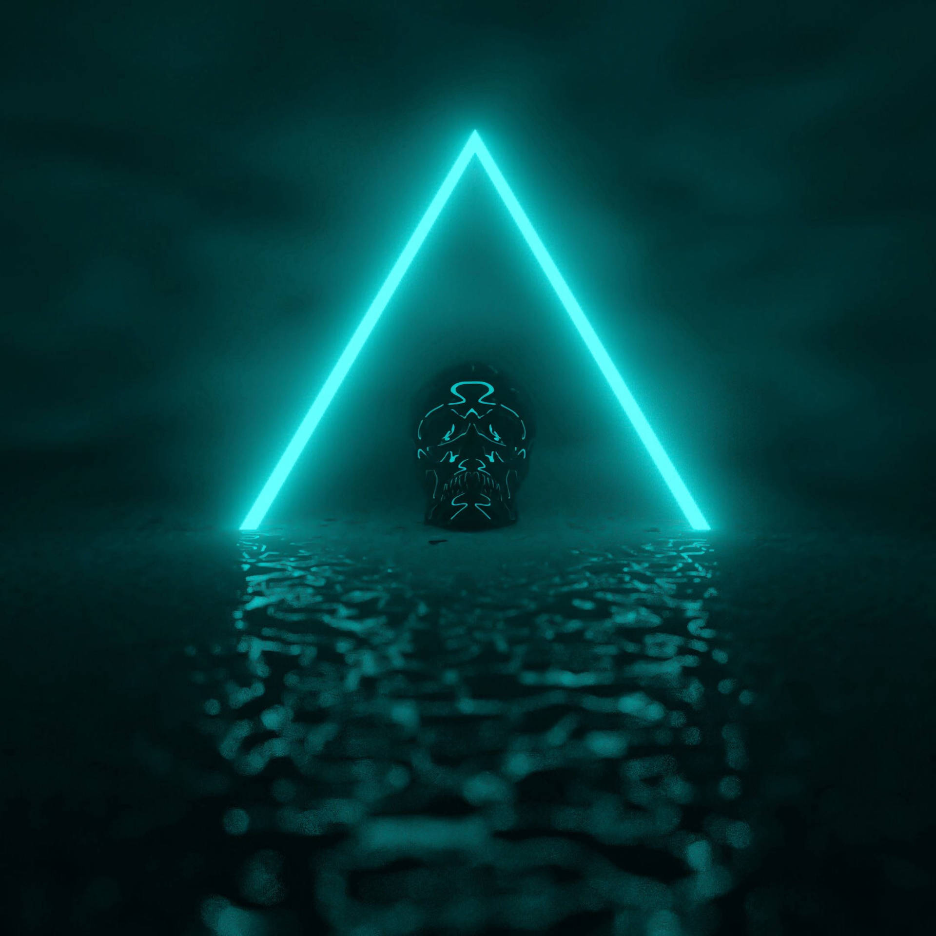 Dark Neon Teal Triangle With Skull Background