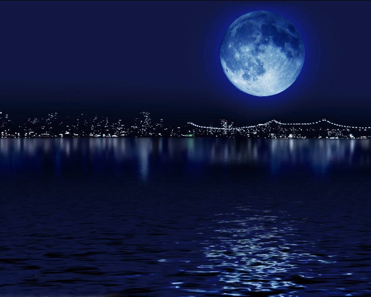 Dark Night Full Moon Over City