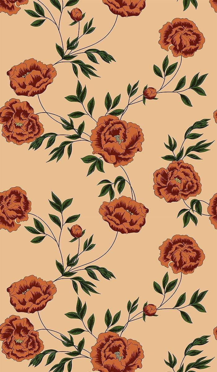 Dark Orange Floral Patten On Beige Background Background