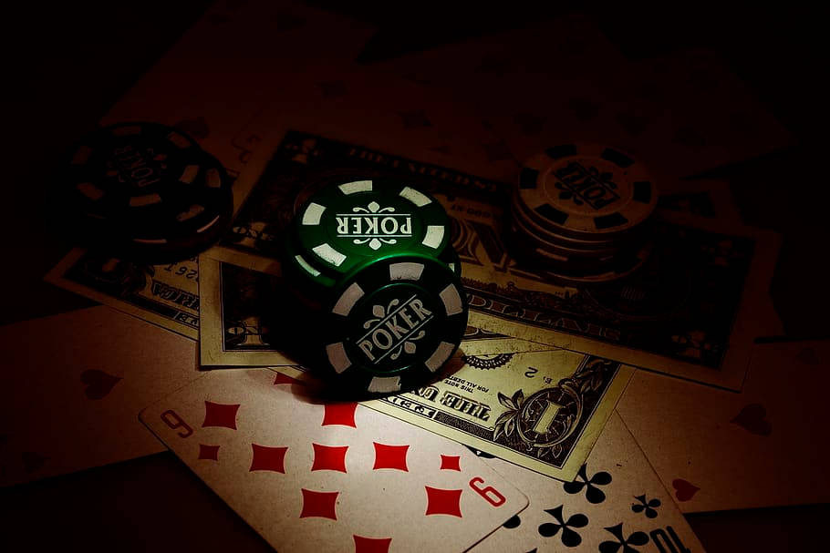 Dark Photo Green Poker Dice, Cards, Money Baccarat Background