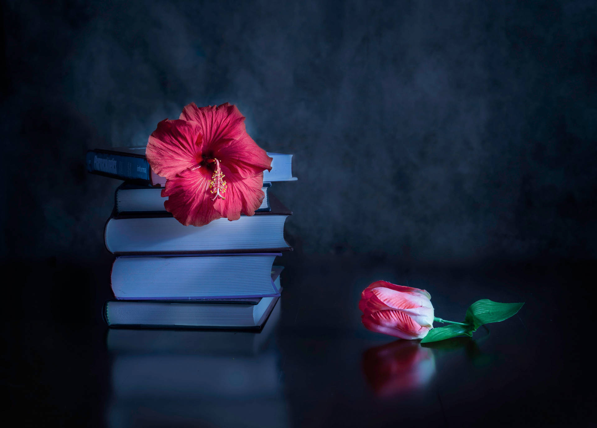 Dark Pink Floral And Books Background