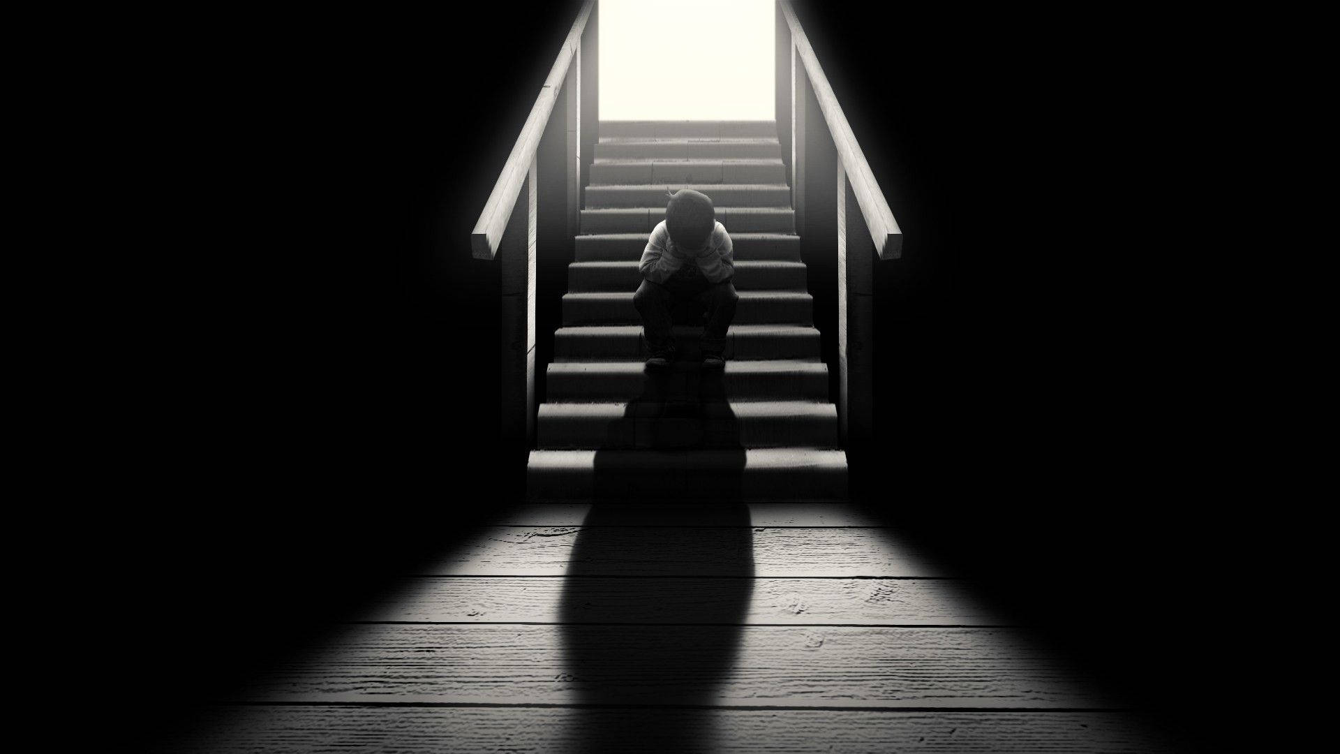 Dark Sad Man On Stairs Background