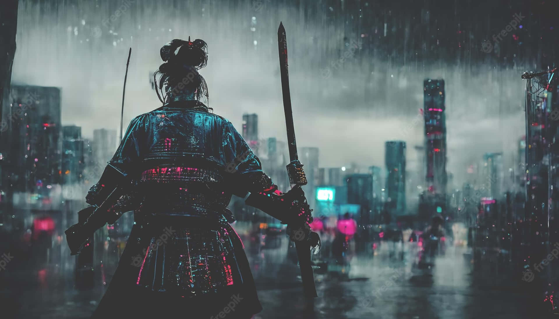 Dark Samurai Girl In The City Background