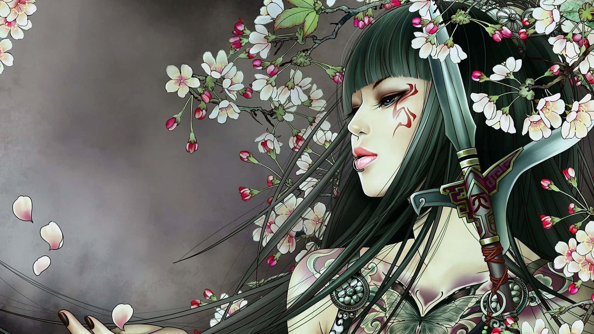 Dark Samurai Girl With Flowers Background