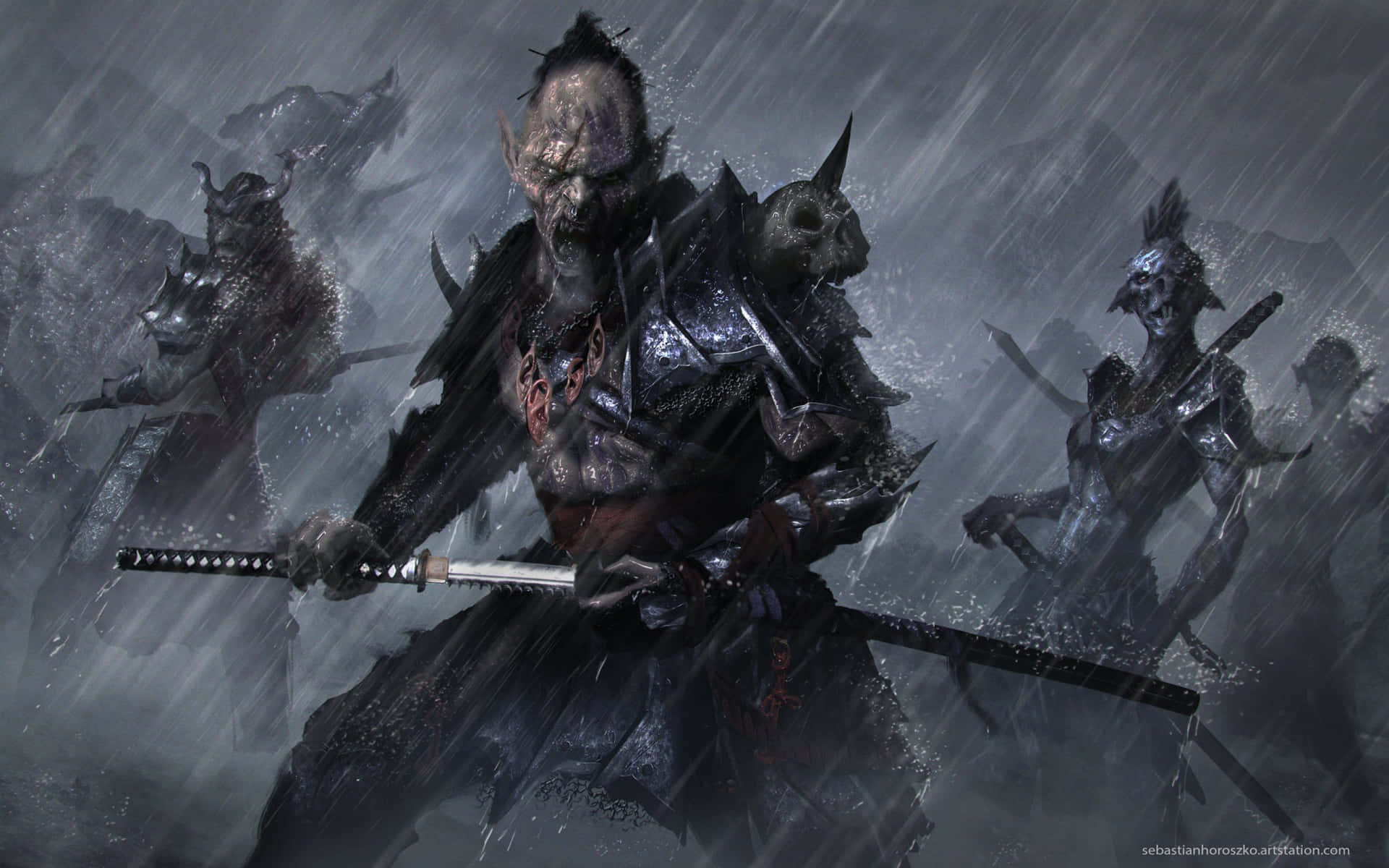 Dark Samurai Group In Rainy Battlefield Background