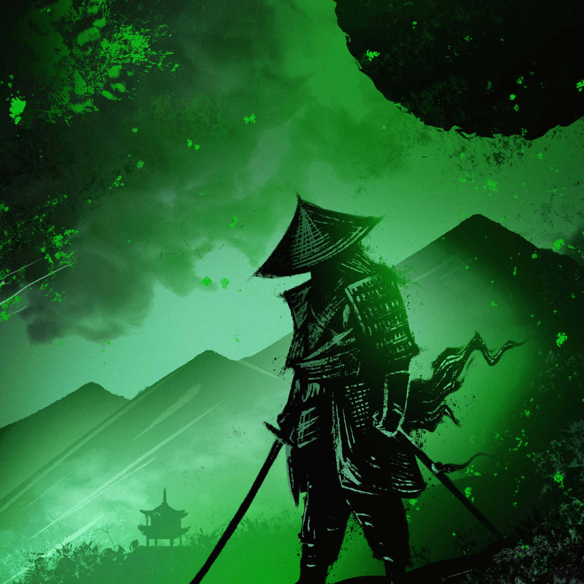 Dark Samurai In Green Hills Background