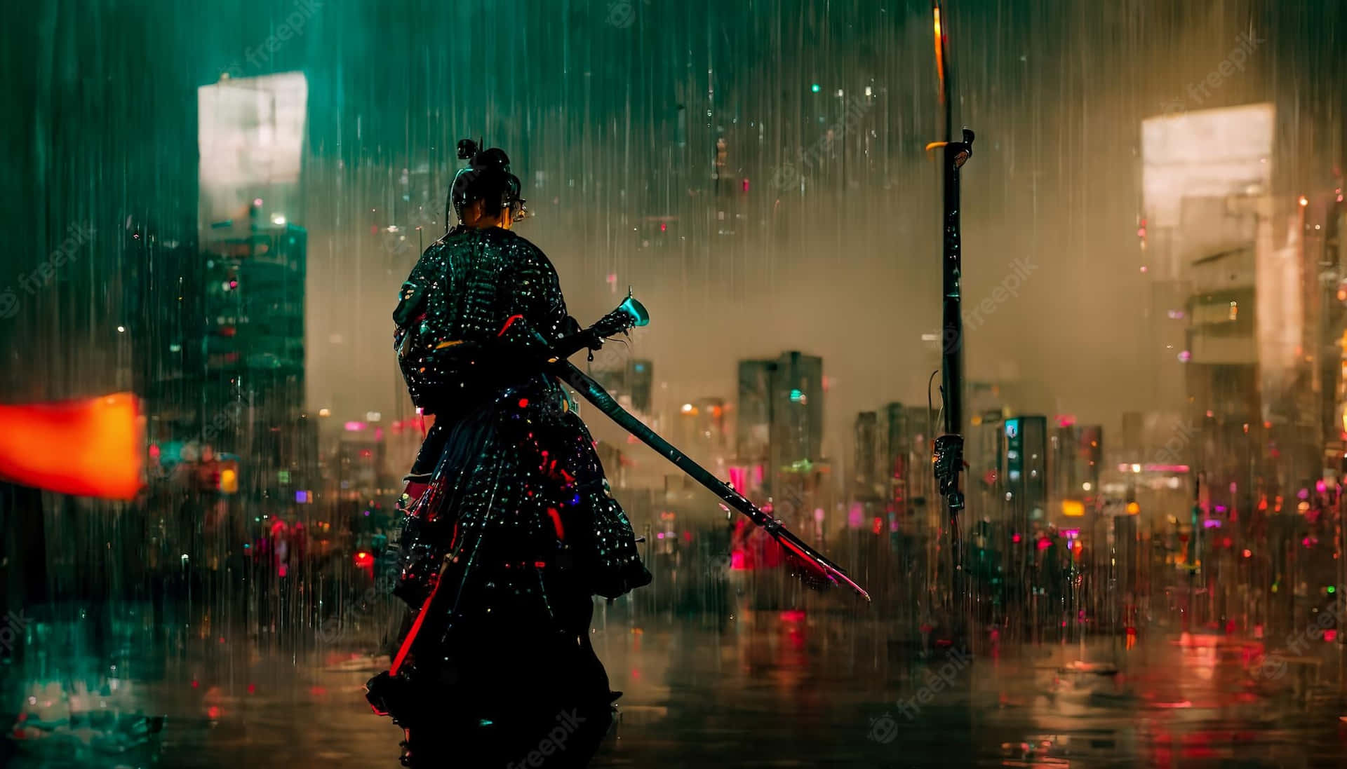 Dark Samurai Lady In Rain Background