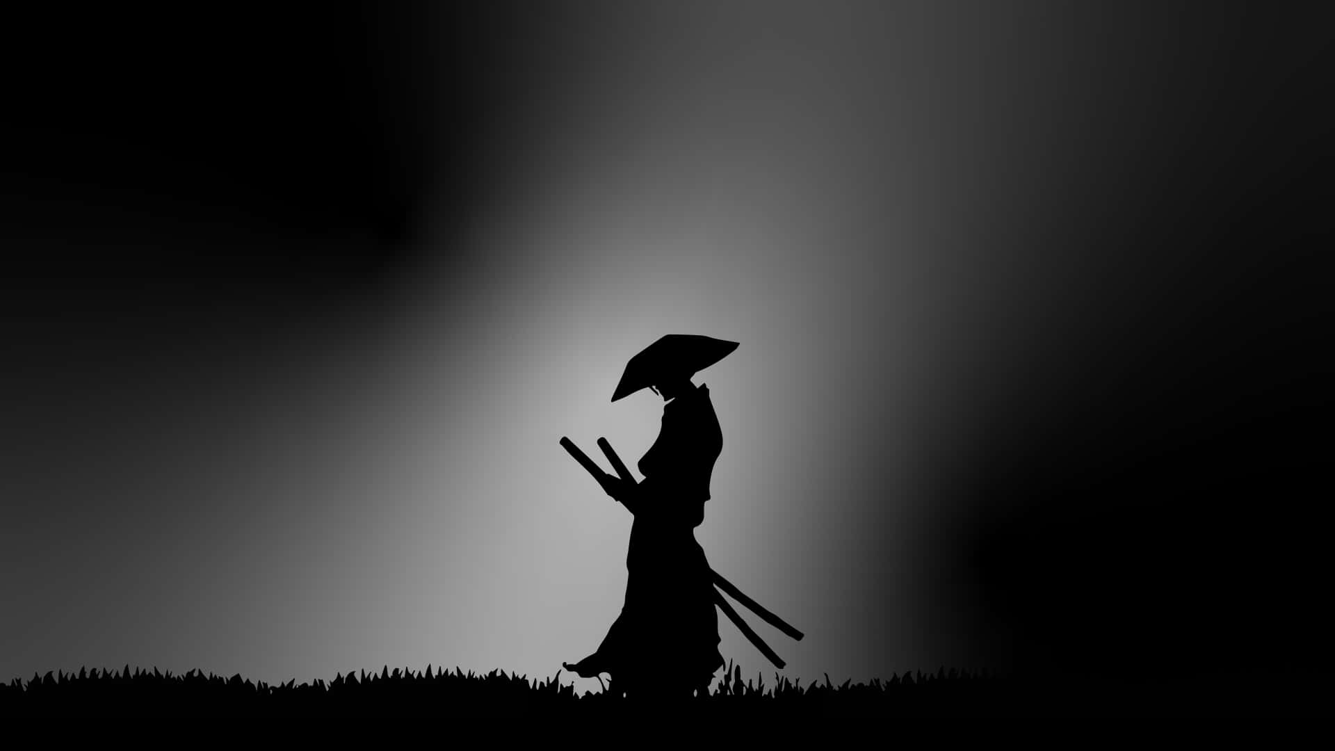 Dark Samurai Silhouette On Grass Background