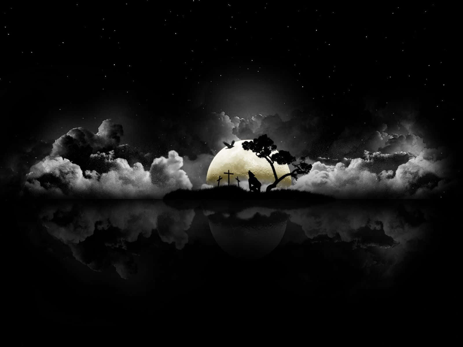 Dark Scary Cemetery On A Full Moon Background
