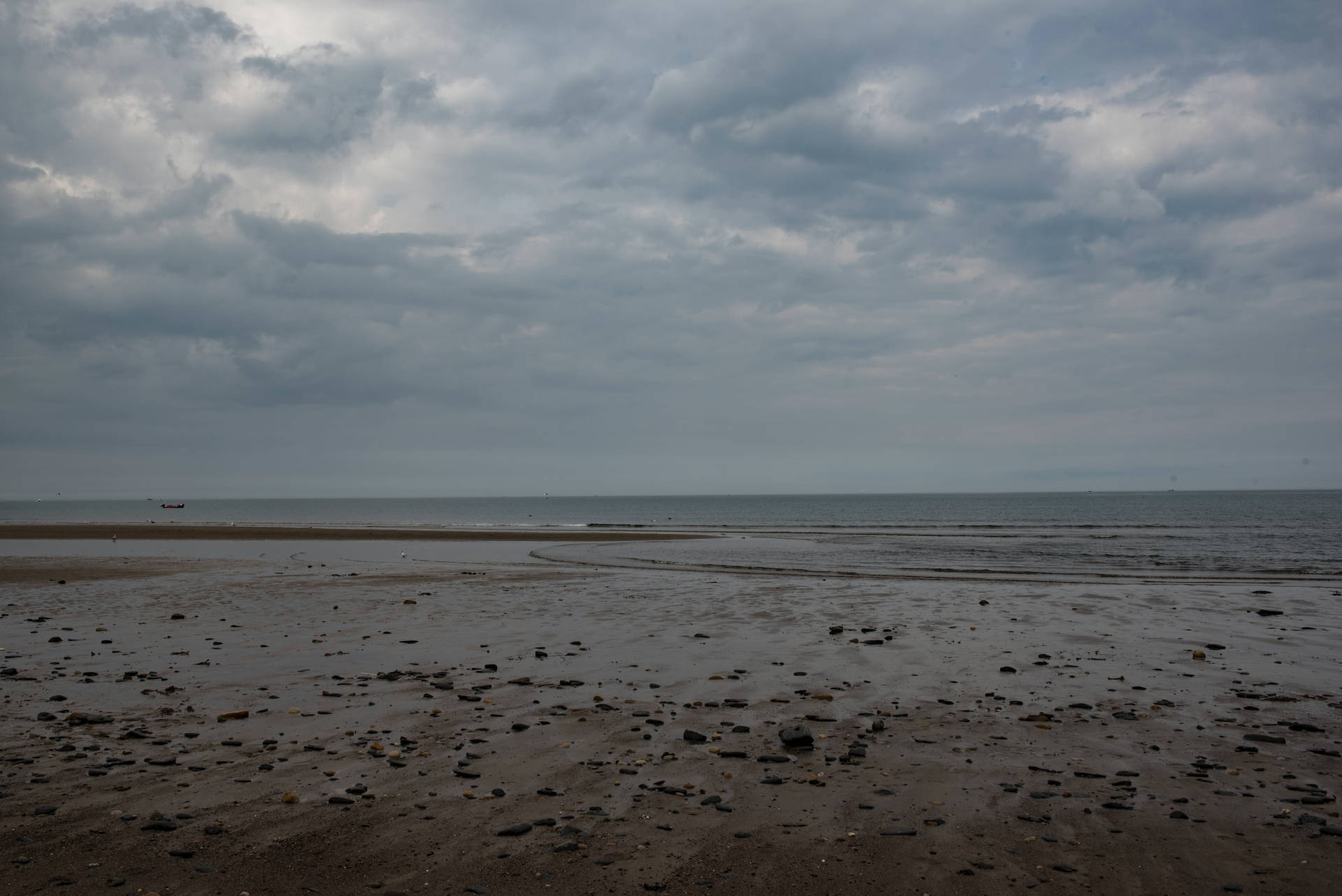 Dark Seashore Under Cloudy Sky Background