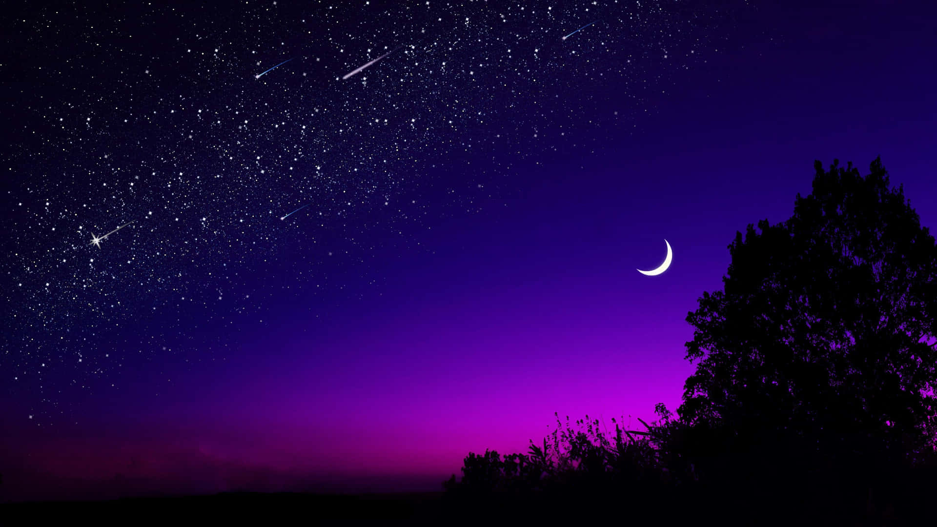 Dark Starry Night With Crescent Moon Background