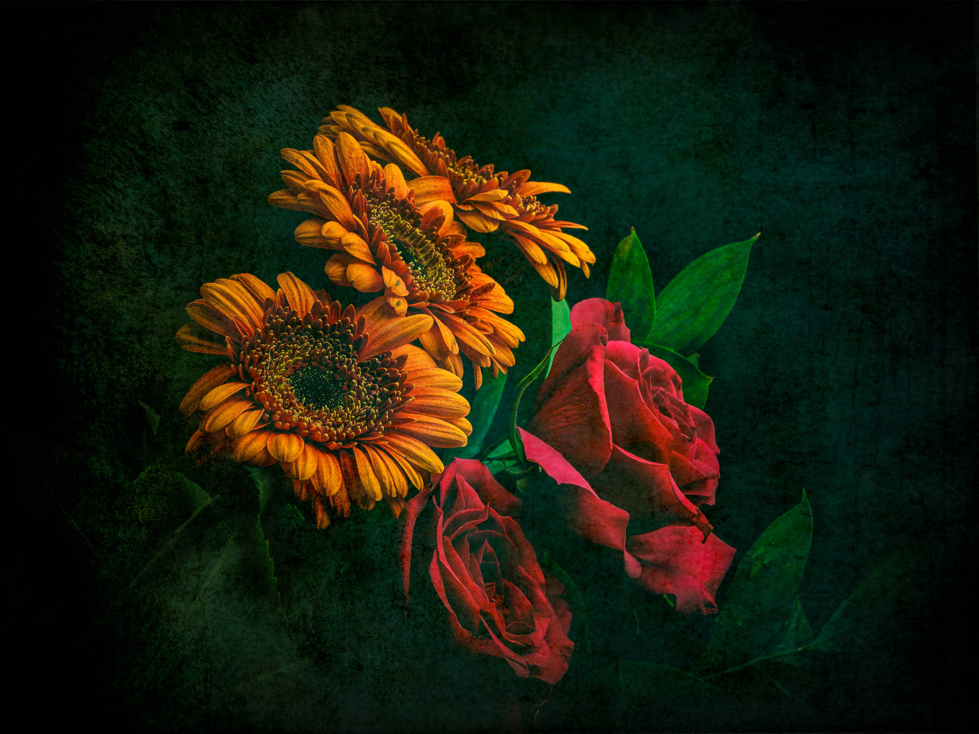 Dark Sunflowers And Roses Background