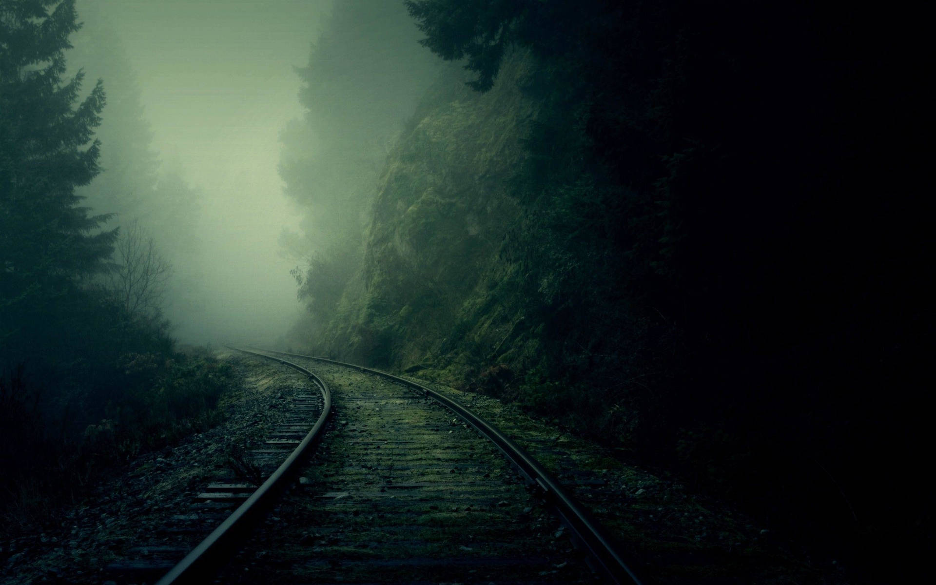 Dark Theme Foggy Forest Railway Background