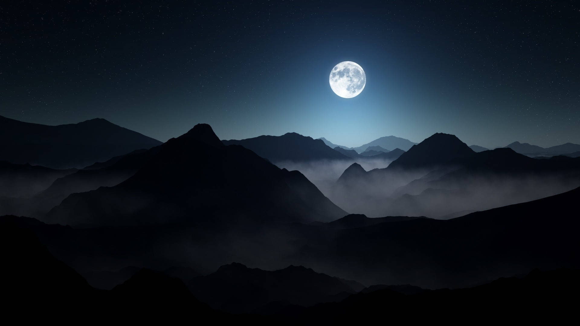 Dark Theme Foggy Mountains Full Moon Background