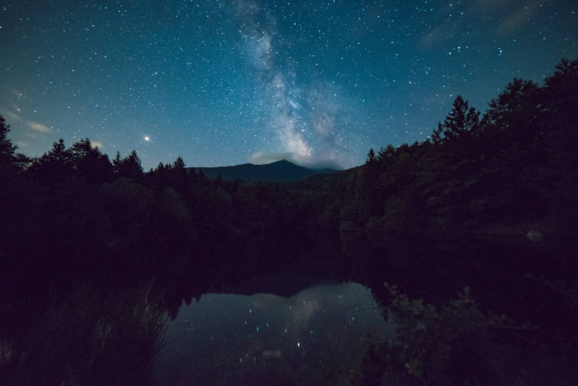 Dark Theme Forest Lake Starry Sky Background