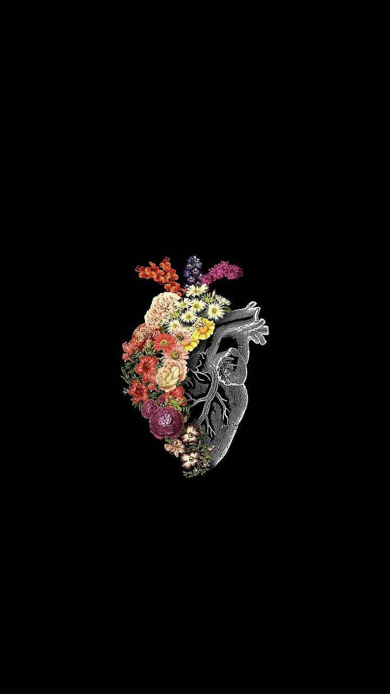 Dark Theme Human Heart And Flower Art Background