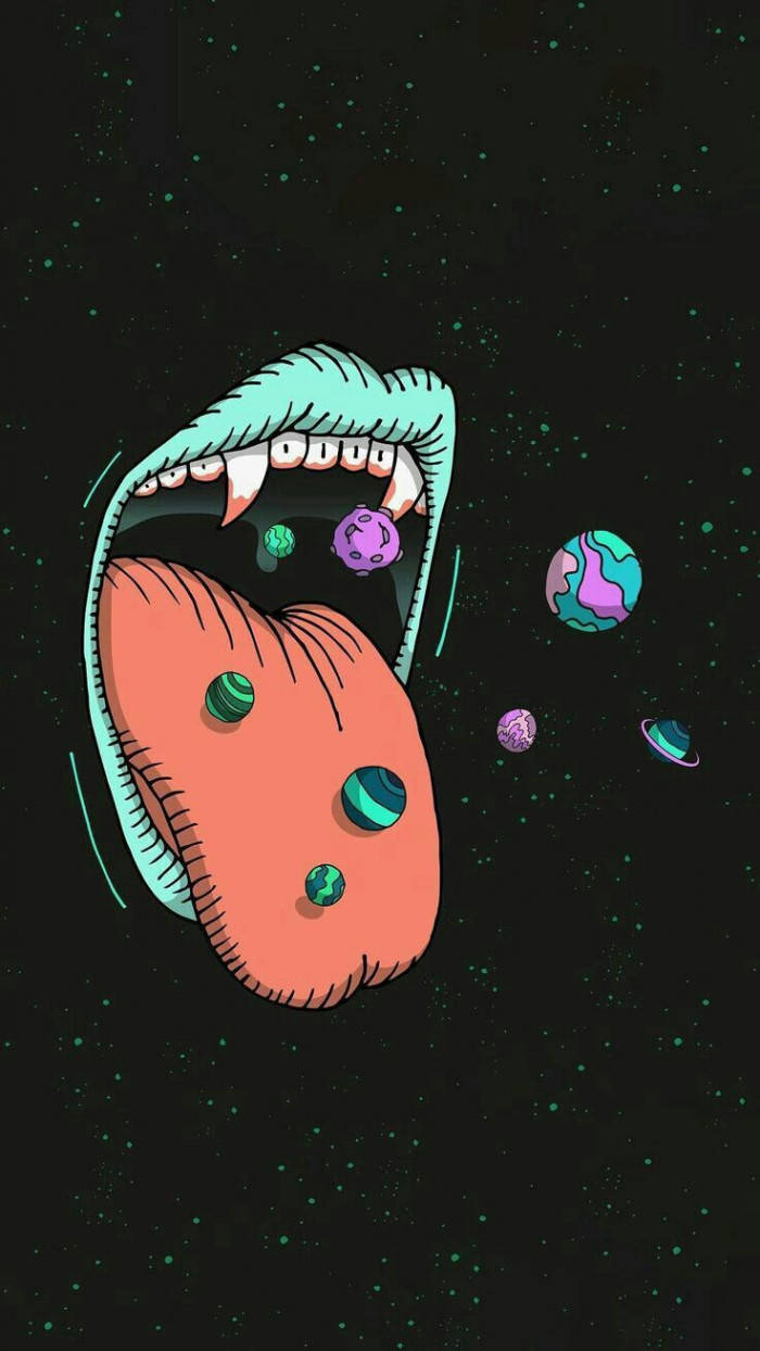 Dark Trippy Mouth Eating Planets Background