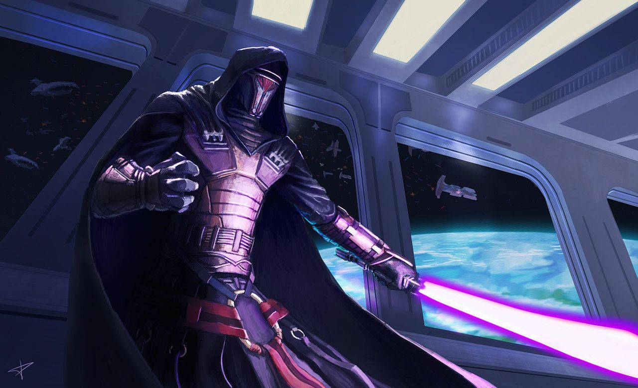 Darth Revan Stands Tall In The Galaxy Background