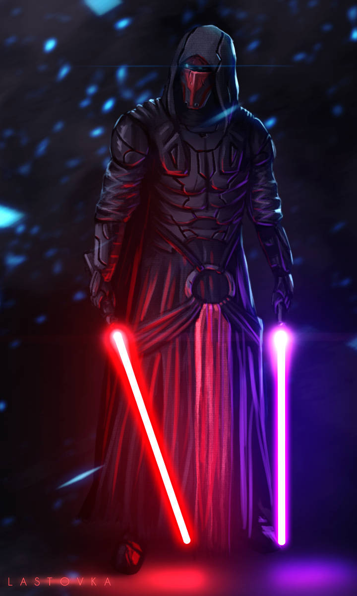 Darth Revan Watches From The Shadows, Wielding Two Neon Colored Lightsabers Background