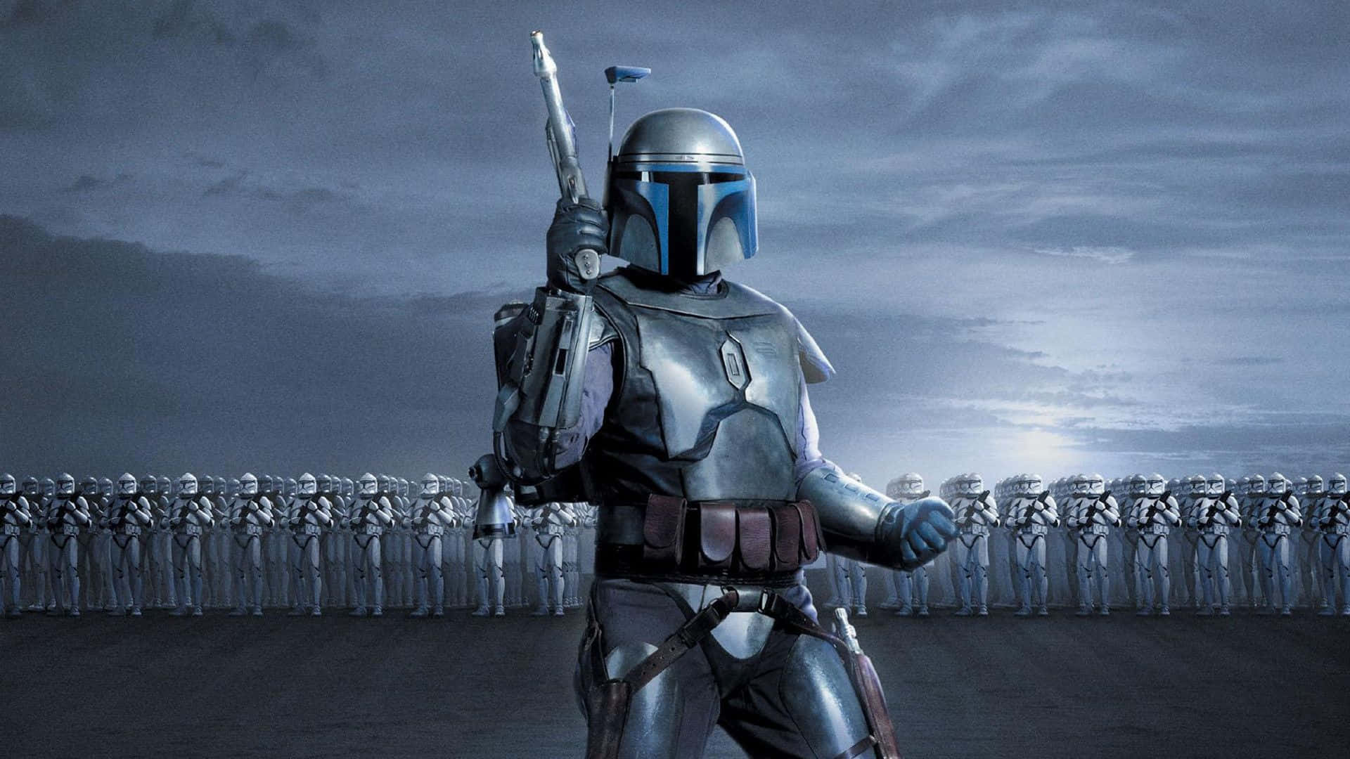 Darth Vader And Storm Troopers In A Sci-fi Battle Background