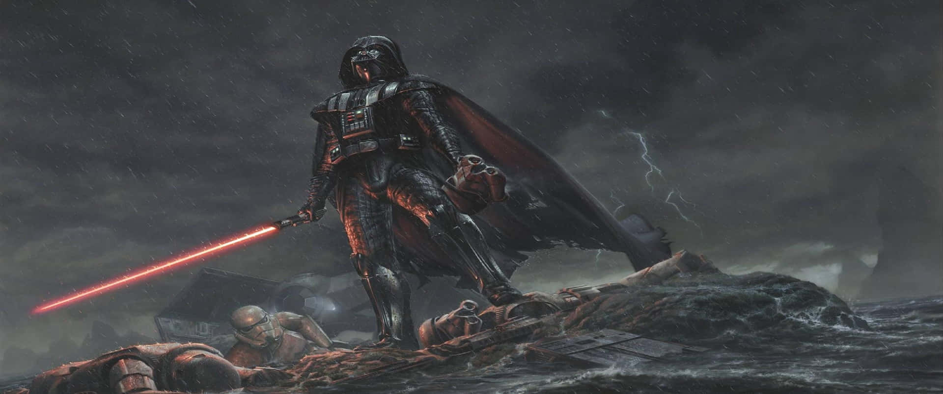 Darth Vader Standing Amongst Destruction Ultra Wide Background