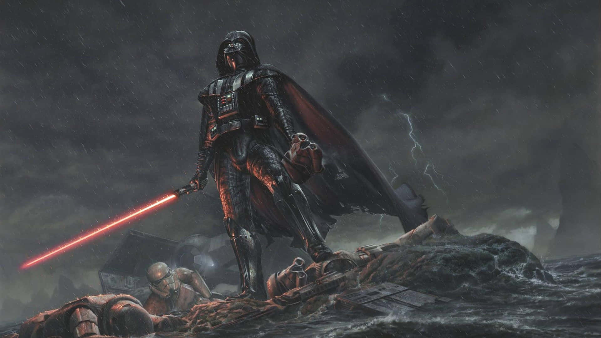 Darth Vader Standing Amongst Wreckage Ultra Wide Background