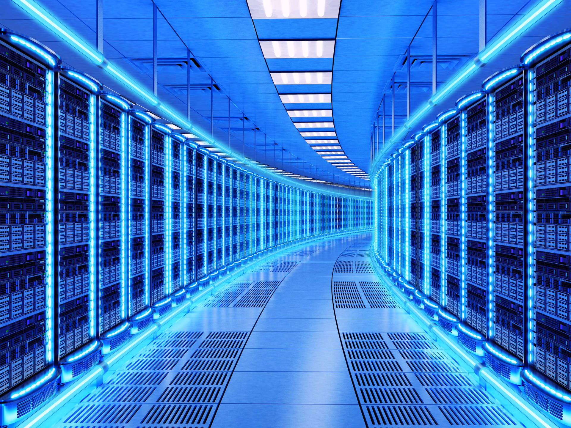 Data Center Neon Blue Lights Background