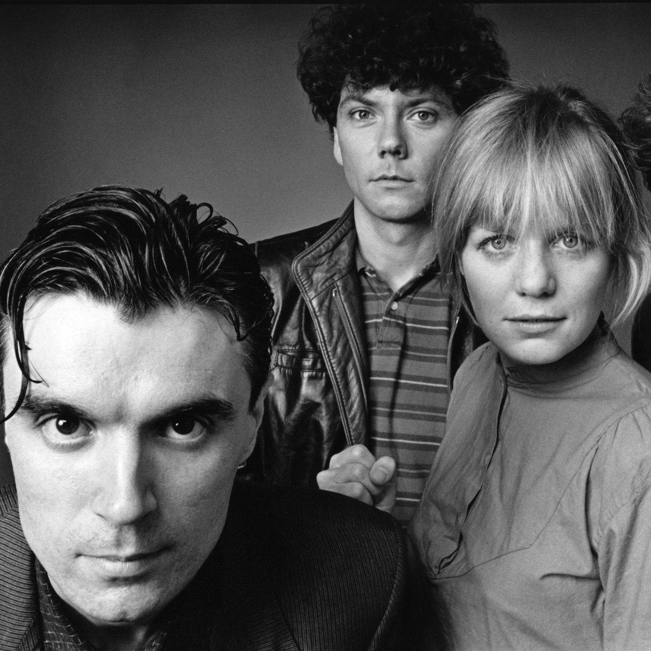 David Byrne, Jerry Harrison, And Tina Weymouth Of Talking Heads Background