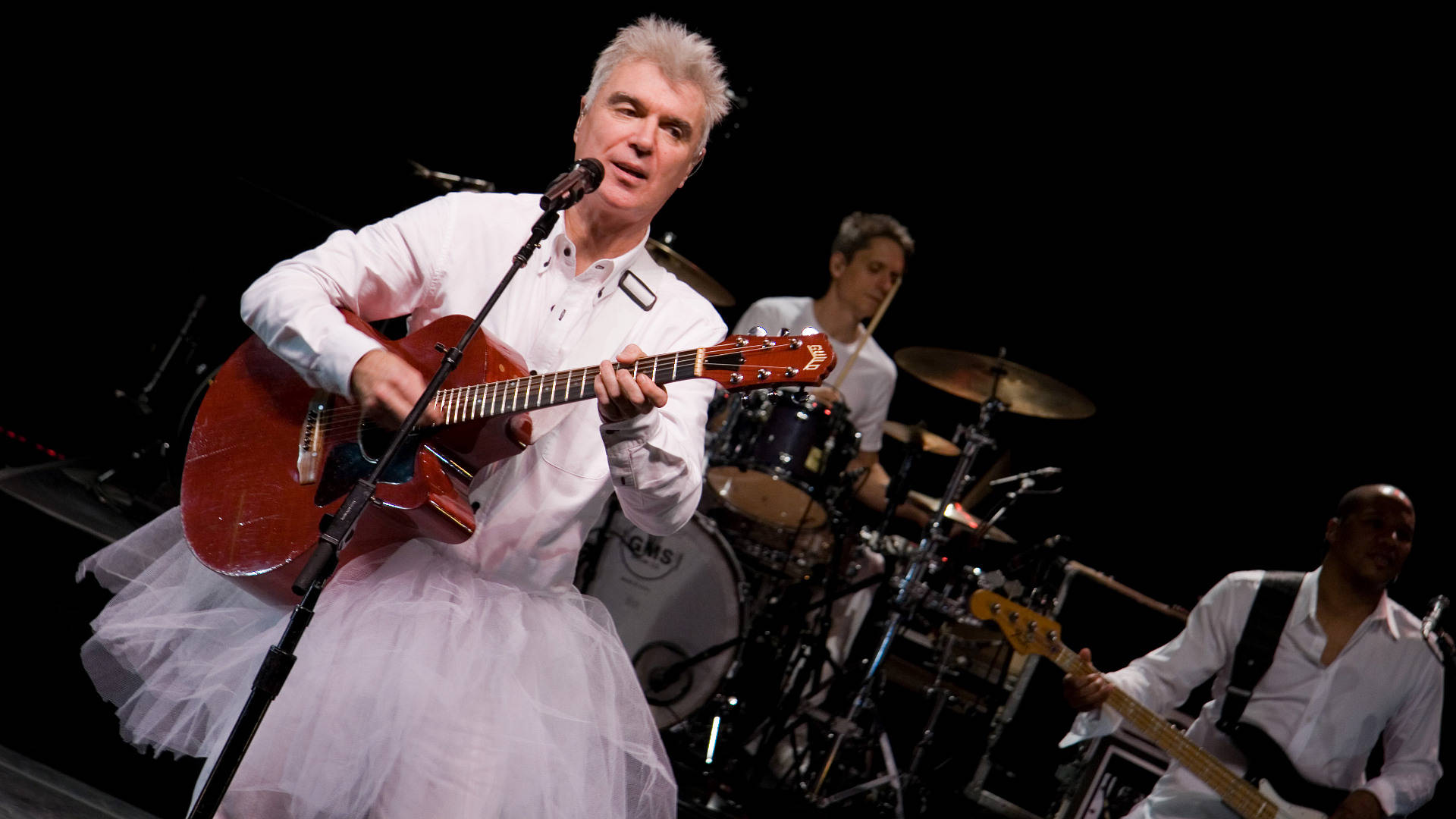 David Byrne Performing In Tutu Photo Background