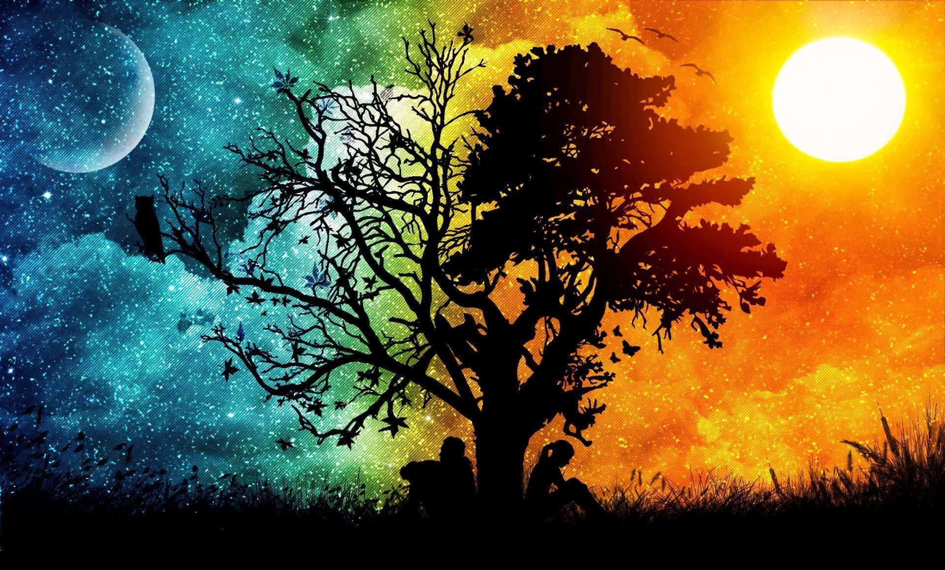 Day Night Tree Silhouette Art Background