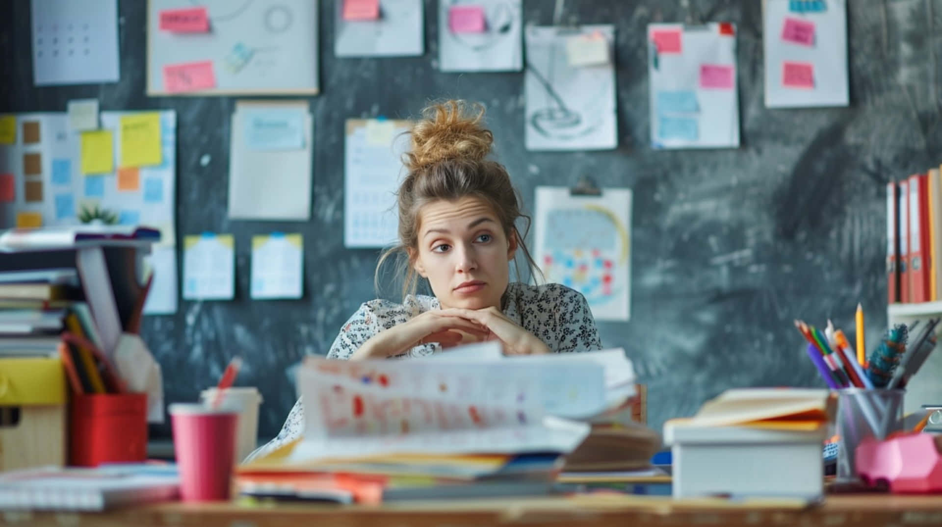Daydreaming Studentin Cluttered Study Area Background