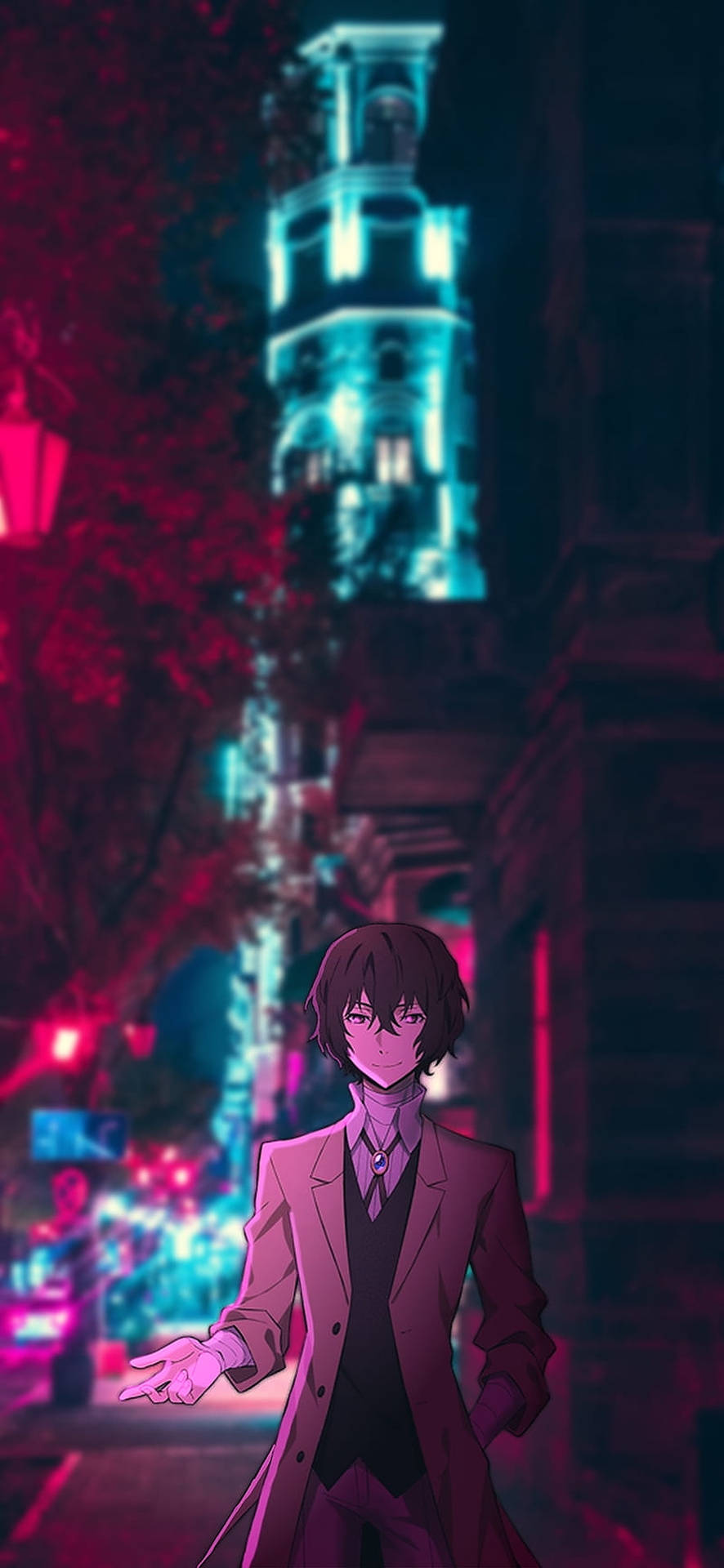 Dazai Osamu In Front Of A Luminous Tower Background