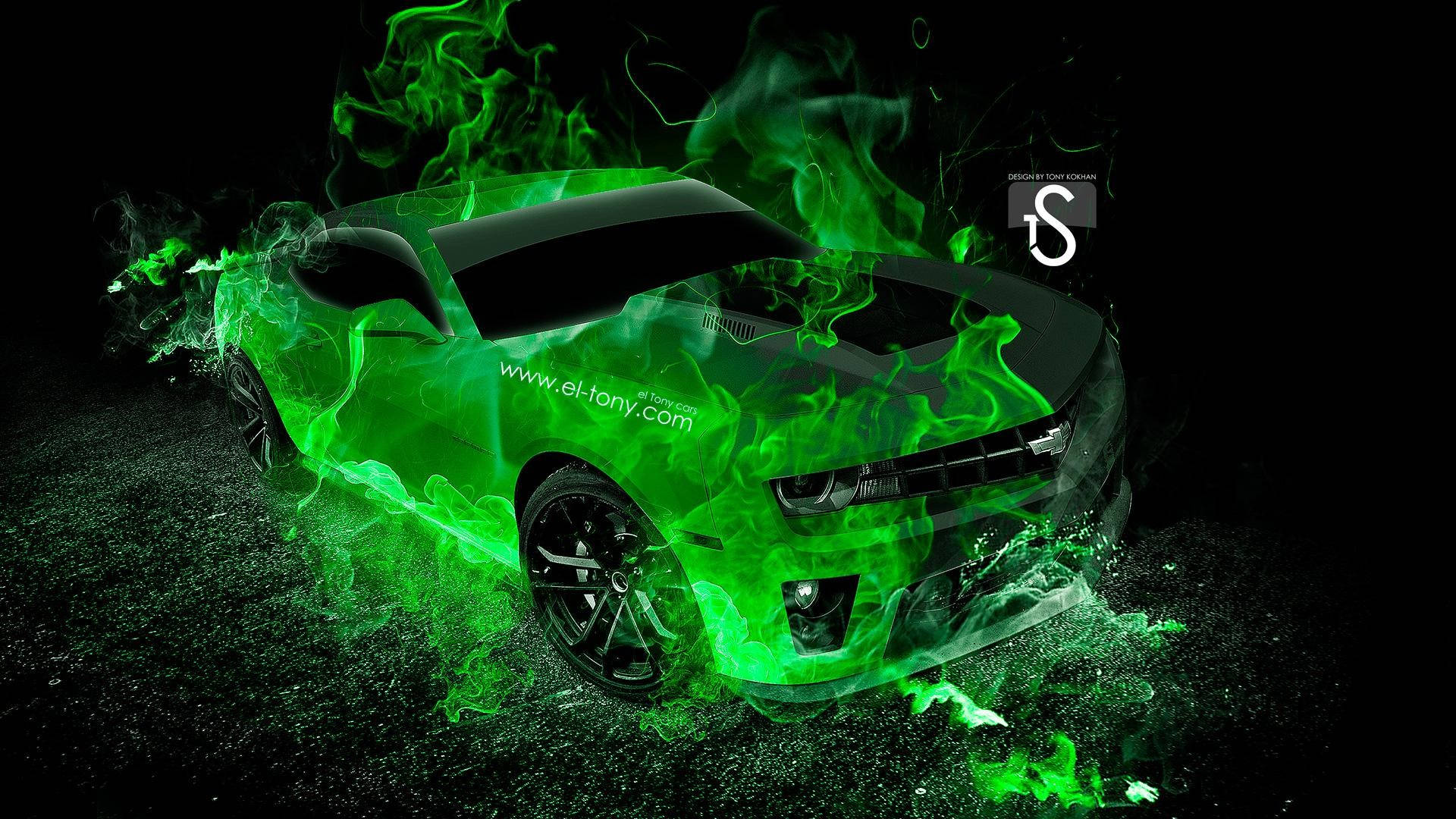 Dazzling Hot Car With Green Fire Background