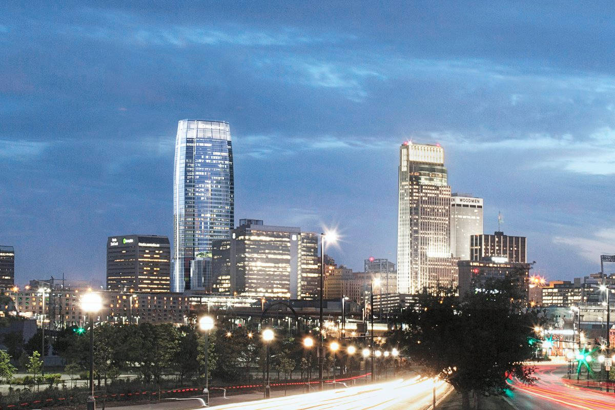 Dazzling View Of Mutual Of Omaha Tower At Sunset