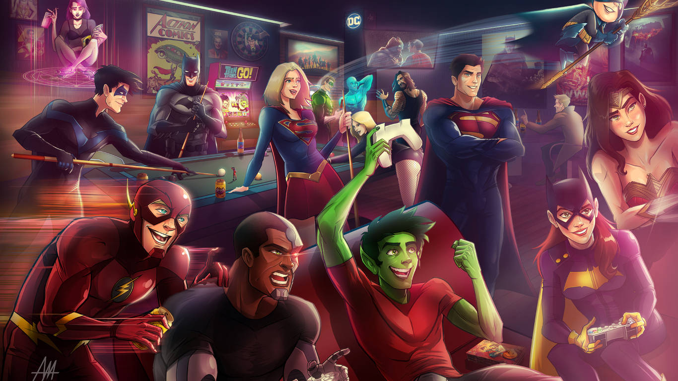 Dc Superheroes In Arcade Background